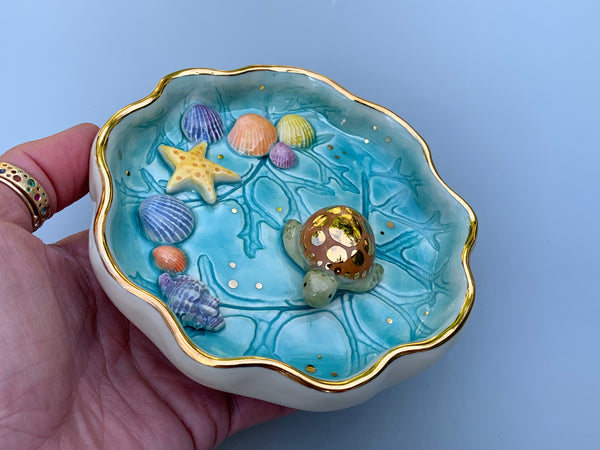 Green Sea turtle jewelry dish, ceramic dish with Caribbean blues and gold accents