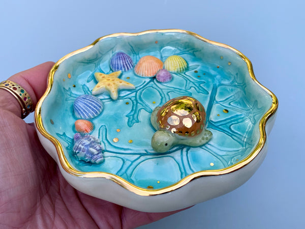 Green Sea turtle jewelry dish, ceramic dish with Caribbean blues and gold accents