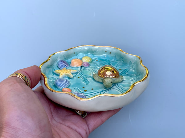 Green Sea turtle jewelry dish, ceramic dish with Caribbean blues and gold accents