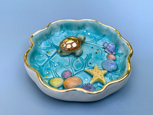 Green Sea turtle jewelry dish, ceramic dish with Caribbean blues and gold accents