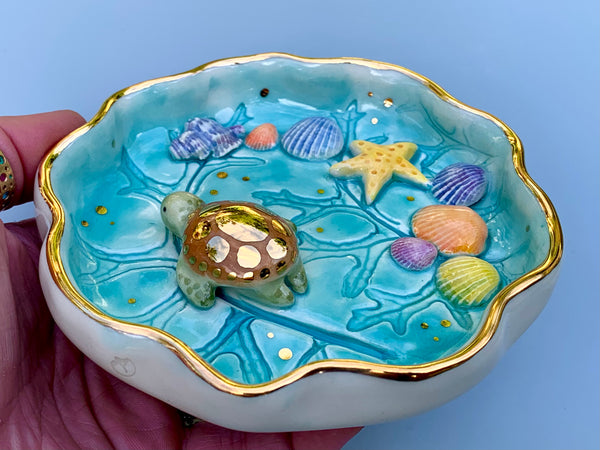 Green Sea turtle jewelry dish, ceramic dish with Caribbean blues and gold accents