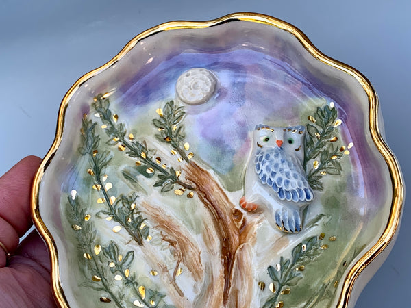 Owl in Nighttime Forest Jewelry Holder, Ceramic Dish - Vuvu Ceramics