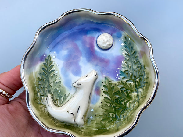 White Wolf Howling at the Moon Jewelry Holder, Ceramic Dish with WHITE Gold Accents