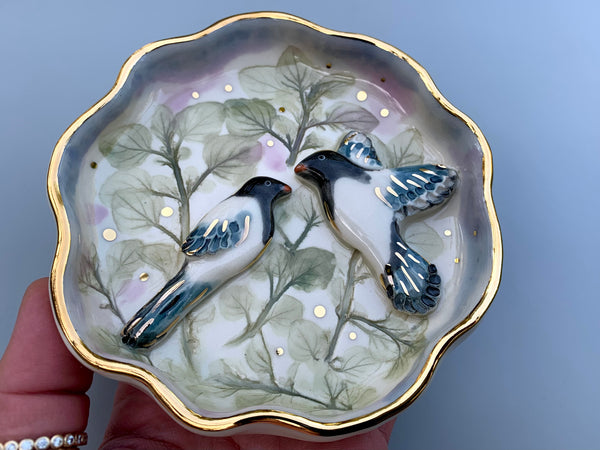 "Two for Joy" Magpie jewelry dish, Ceramic dish with two birds