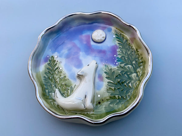 White Wolf Howling at the Moon Jewelry Holder, Ceramic Dish with WHITE Gold Accents