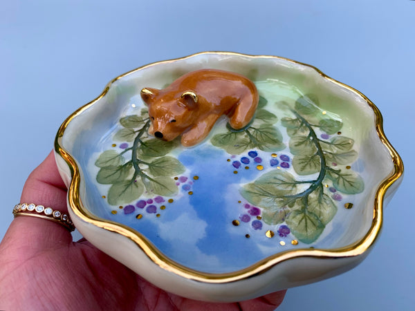 Sleeping Bear Among the Blueberries Jewelry Holder, Ceramic Dish