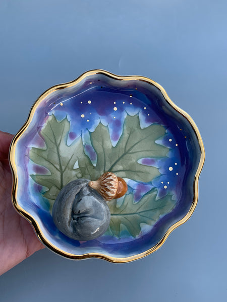 Sleeping Squirrel with Acorn Dreams Jewelry Holder, Ceramic Dish with Oak Leaves