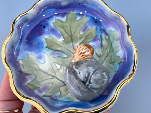 Sleeping Squirrel with Acorn Dreams Jewelry Holder, Ceramic Dish with Oak Leaves