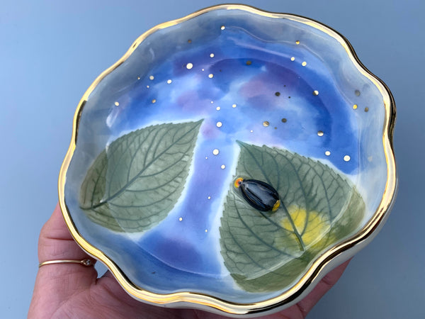 Firefly (Lightning Bug) Jewelry Dish with Hydrangea Leaf and Gold Accents