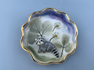 Curious Raccoon in the Strawberry Patch Jewelry Dish, Ceramic with Real Gold