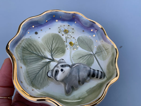 Curious Raccoon in the Strawberry Patch Jewelry Dish, Ceramic with Real Gold