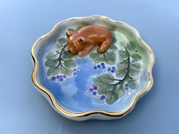 Sleeping Bear Among the Blueberries Jewelry Holder, Ceramic Dish