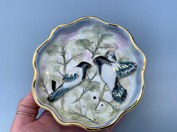 "Two for Joy" Magpie jewelry dish, Ceramic dish with two birds