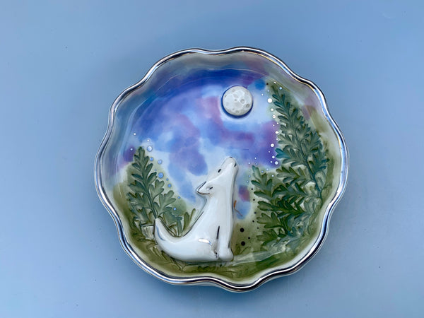 White Wolf Howling at the Moon Jewelry Holder, Ceramic Dish with WHITE Gold Accents