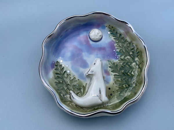 White Wolf Howling at the Moon Jewelry Holder, Ceramic Dish with WHITE Gold Accents