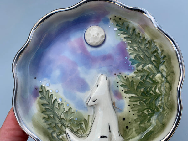 White Wolf Howling at the Moon Jewelry Holder, Ceramic Dish with WHITE Gold Accents