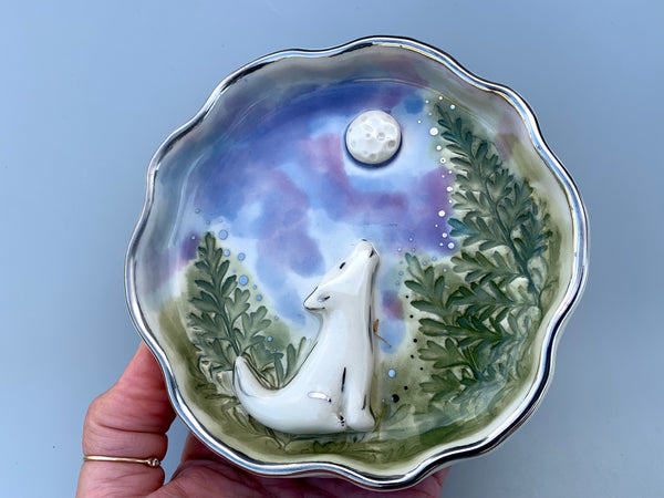 White Wolf Howling at the Moon Jewelry Holder, Ceramic Dish with WHITE Gold Accents