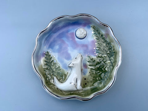 White Wolf Howling at the Moon Jewelry Holder, Ceramic Dish with WHITE Gold Accents