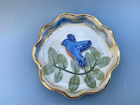 Bluebird of Happiness jewelry dish, Ceramic dish with mint sprig and bluebird