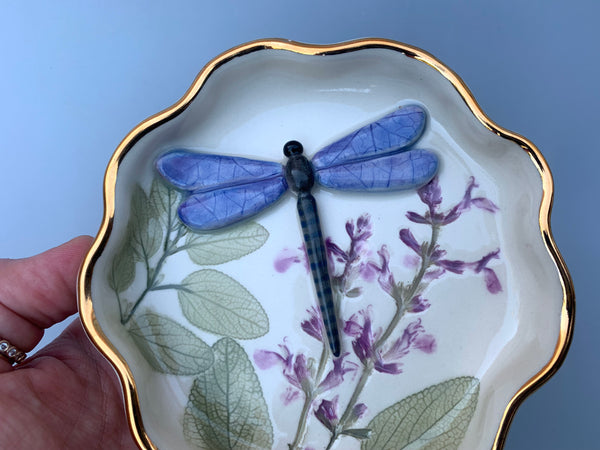 Dragonfly Jewelry Dish with Sage Flowers and Gold Accents