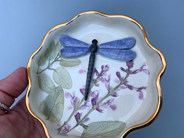 Dragonfly Jewelry Dish with Sage Flowers and Gold Accents