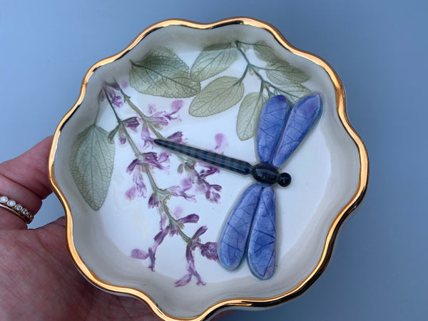 Dragonfly Jewelry Dish with Sage Flowers and Gold Accents