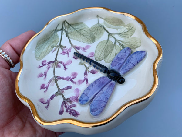 Dragonfly Jewelry Dish with Sage Flowers and Gold Accents