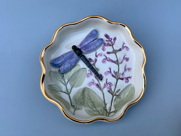 Dragonfly Jewelry Dish with Sage Flowers and Gold Accents