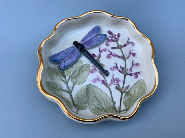 Dragonfly Jewelry Dish with Sage Flowers and Gold Accents