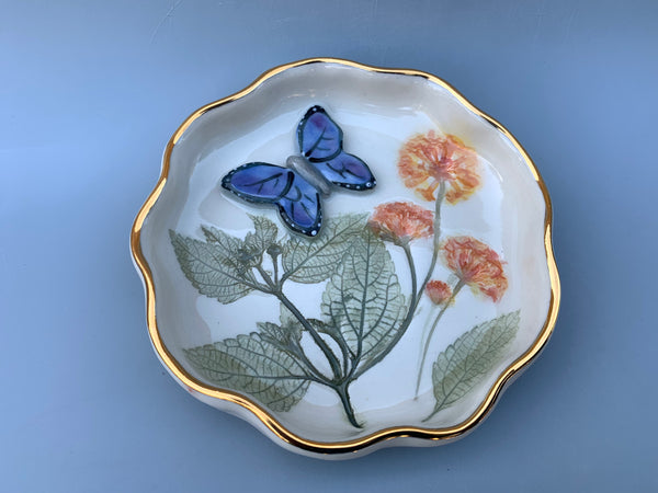 Blue Butterfly Jewelry Dish with Lantana Flower and Gold Accent