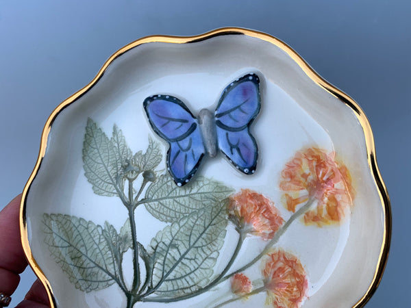 Blue Butterfly Jewelry Dish with Lantana Flower and Gold Accent