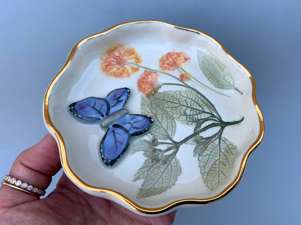 Blue Butterfly Jewelry Dish with Lantana Flower and Gold Accent