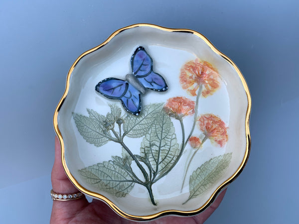 Blue Butterfly Jewelry Dish with Lantana Flower and Gold Accent