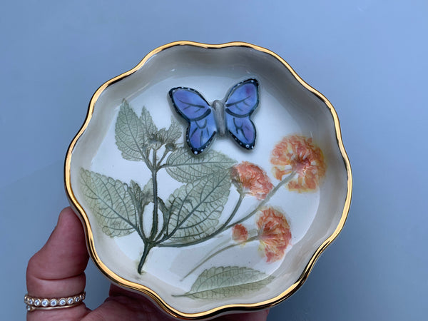 Blue Butterfly Jewelry Dish with Lantana Flower and Gold Accent