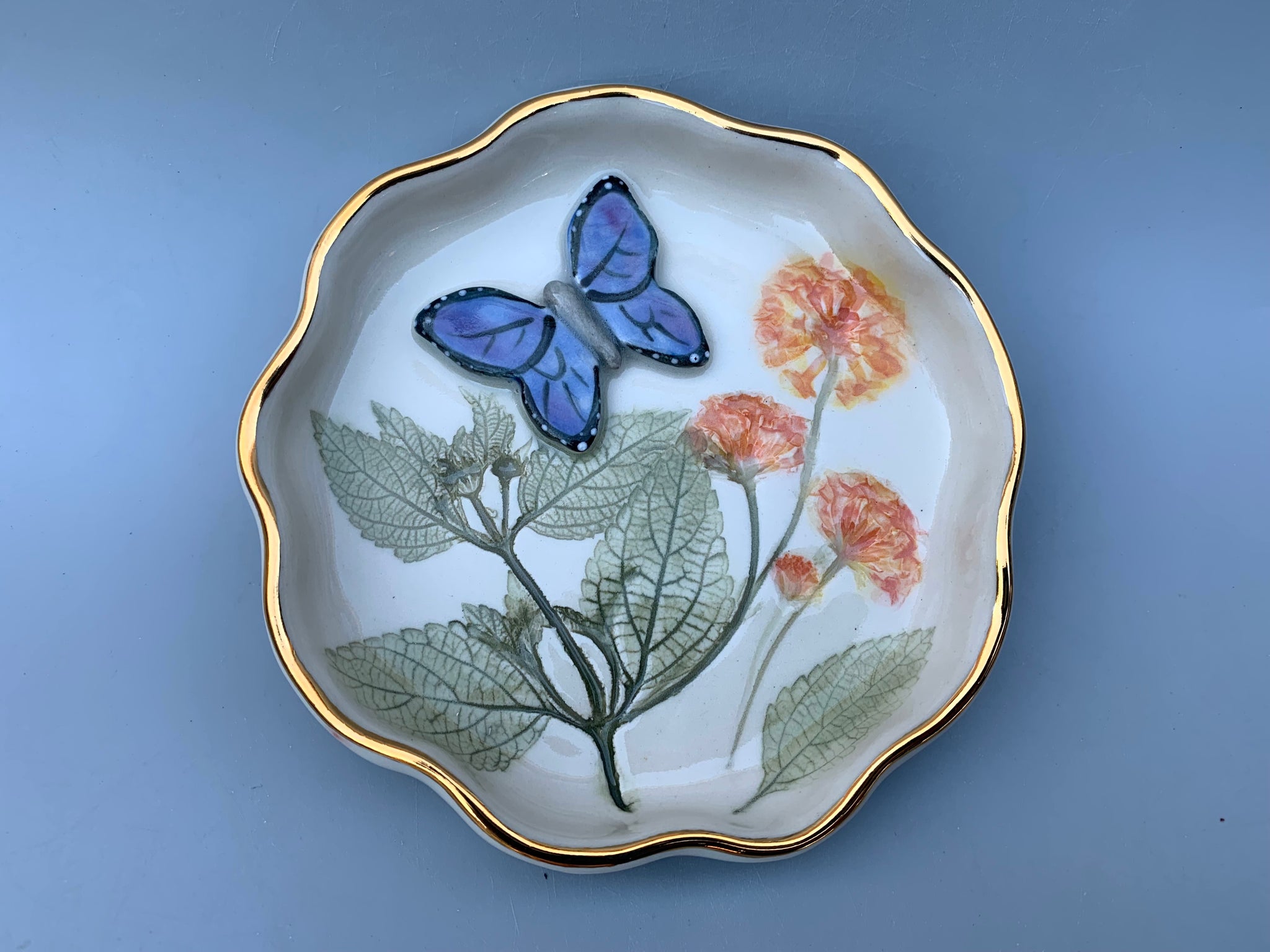 Blue Butterfly Jewelry Dish with Lantana Flower and Gold Accent