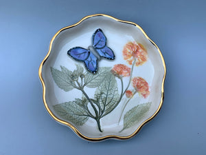 Blue Butterfly Jewelry Dish with Lantana Flower and Gold Accent