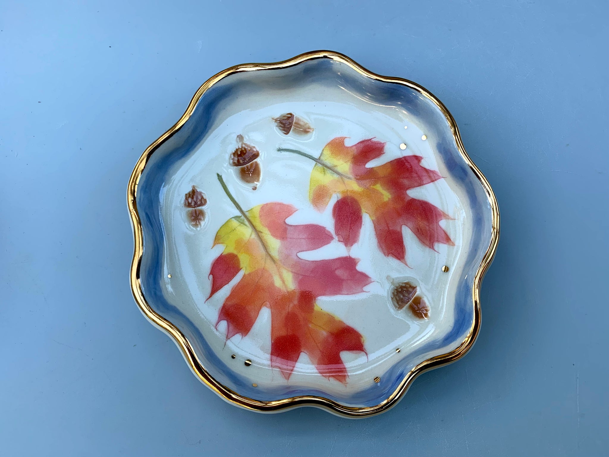 Oak Leaf and Acorn Ceramic Jewelry Dish, Colorful Fall Leaves with Gold Accent