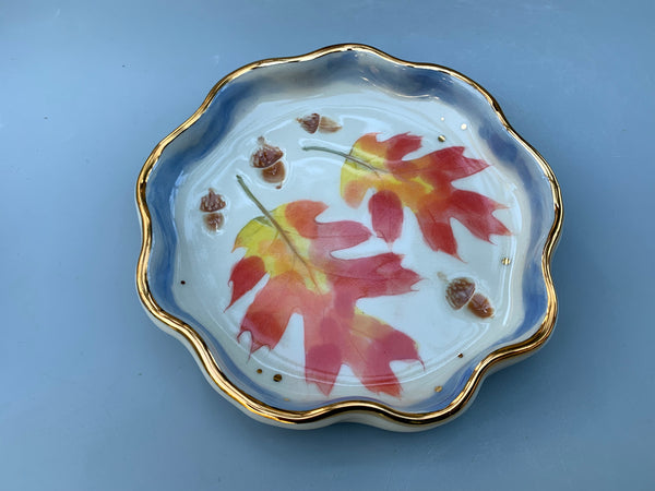 Oak Leaf and Acorn Ceramic Jewelry Dish, Colorful Fall Leaves with Gold Accent