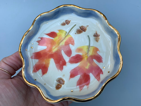 Oak Leaf and Acorn Ceramic Jewelry Dish, Colorful Fall Leaves with Gold Accent