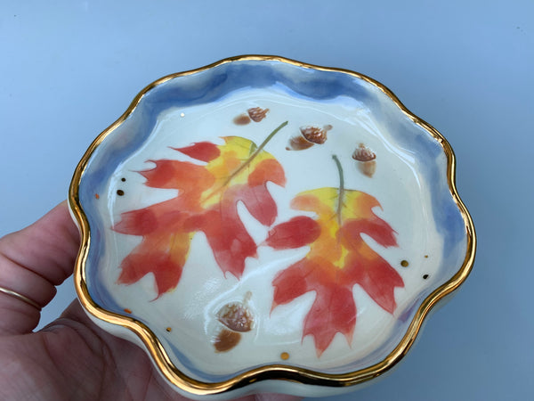 Oak Leaf and Acorn Ceramic Jewelry Dish, Colorful Fall Leaves with Gold Accent