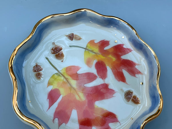 Oak Leaf and Acorn Ceramic Jewelry Dish, Colorful Fall Leaves with Gold Accent