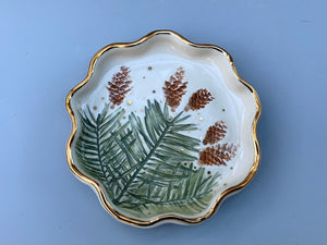 Evergreen Jewelry Dish, Ceramic Dish with Fir and Pine Cones