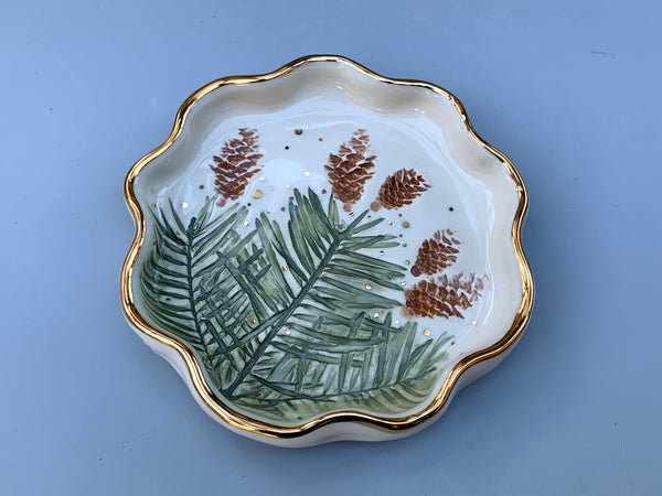 Evergreen Jewelry Dish, Ceramic Dish with Fir and Pine Cones