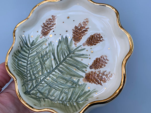 Evergreen Jewelry Dish, Ceramic Dish with Fir and Pine Cones