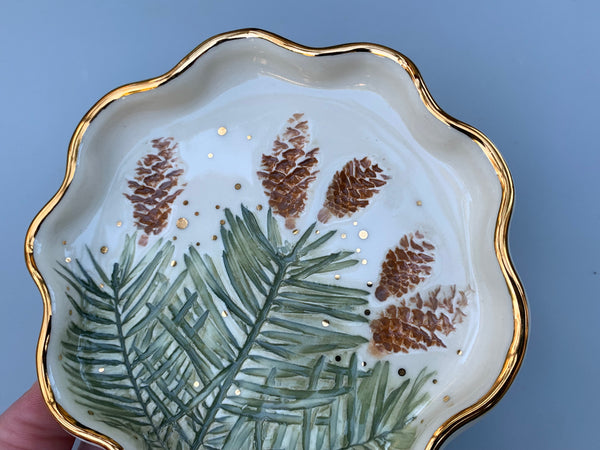 Evergreen Jewelry Dish, Ceramic Dish with Fir and Pine Cones