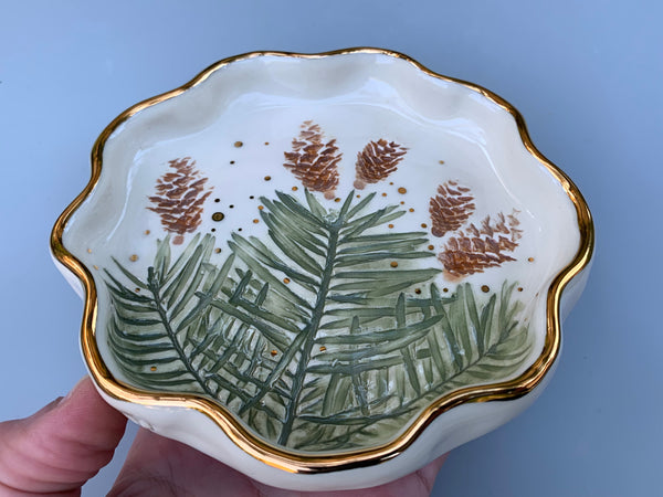 Evergreen Jewelry Dish, Ceramic Dish with Fir and Pine Cones