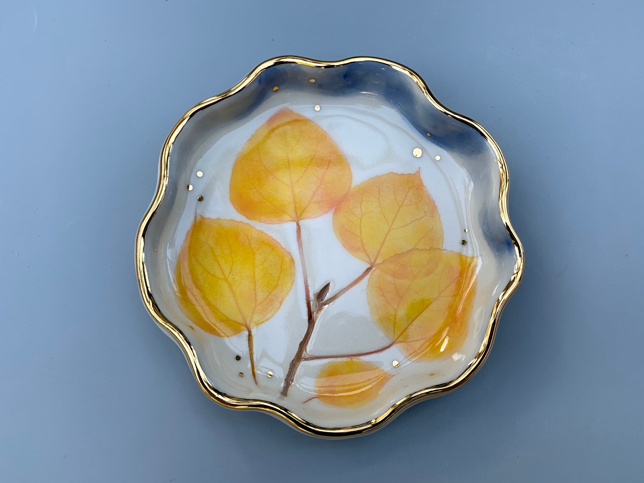 Golden Aspen Ceramic Jewelry Dish, Colorful Fall Leaves with Gold Accent