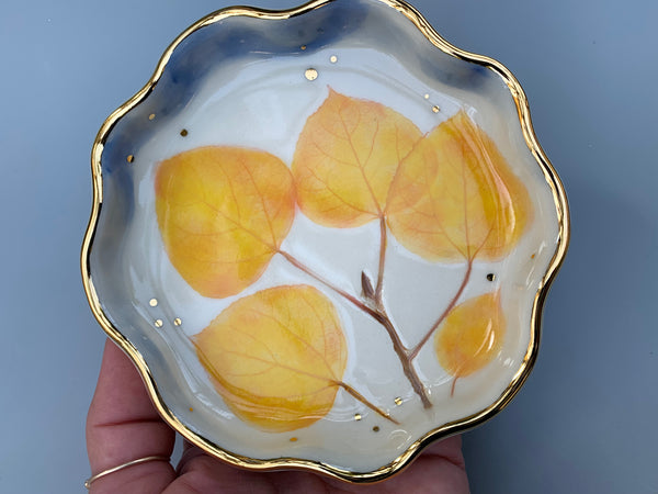 Golden Aspen Ceramic Jewelry Dish, Colorful Fall Leaves with Gold Accent