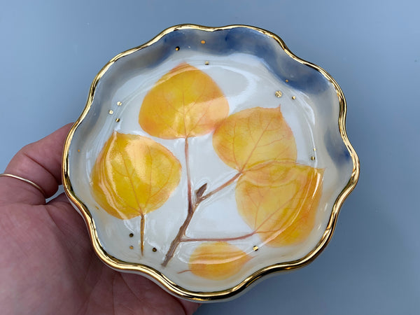 Golden Aspen Ceramic Jewelry Dish, Colorful Fall Leaves with Gold Accent