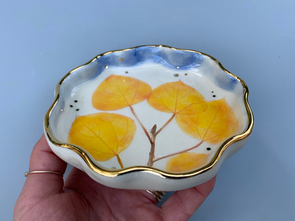 Golden Aspen Ceramic Jewelry Dish, Colorful Fall Leaves with Gold Accent